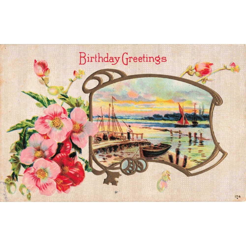 Vintage 1914 Embossed Birthday Greetings Postcard Harbor Sunset Flowers 174 - Picture 1 of 2